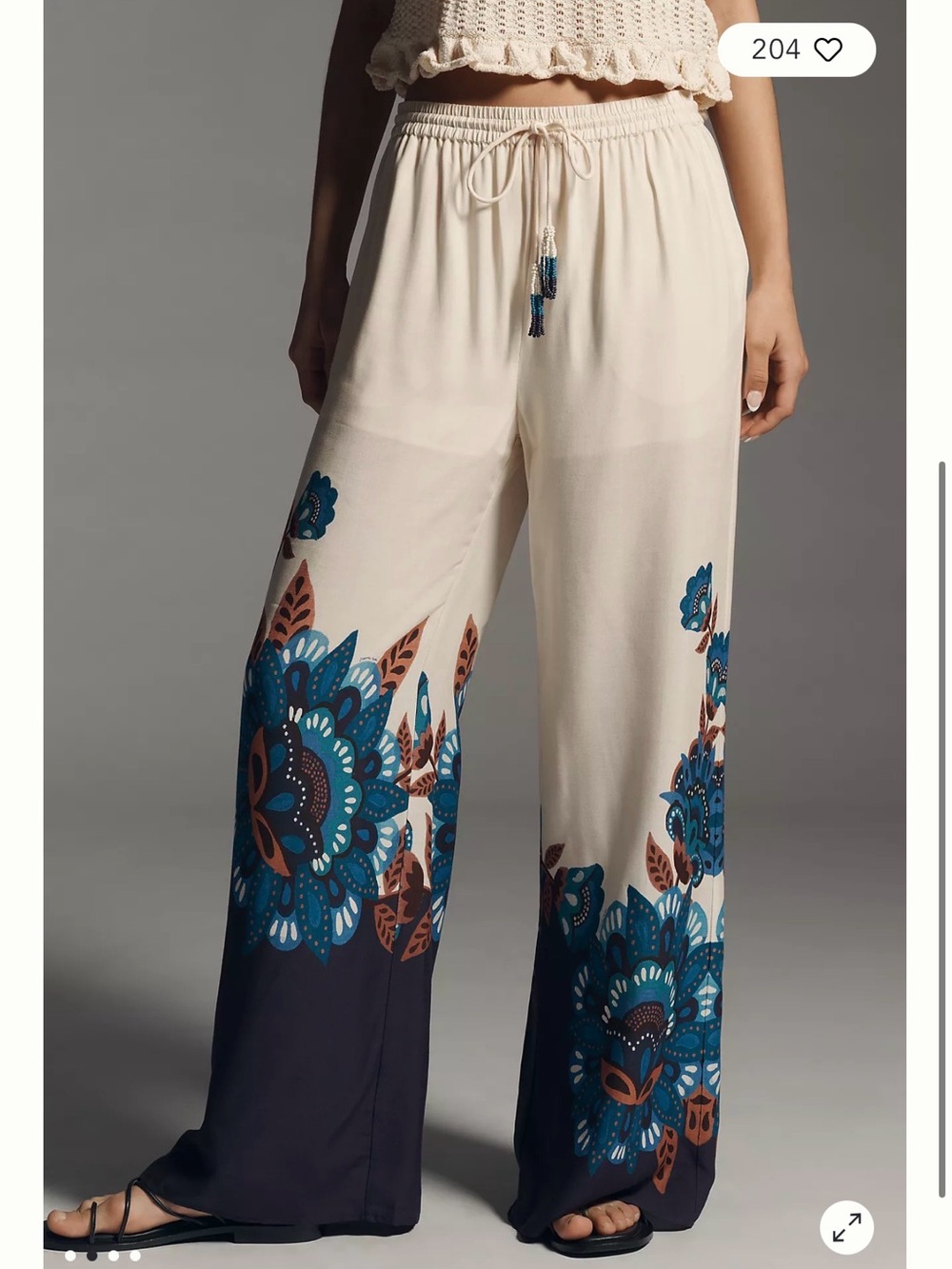 FARM Rio Cream Wide-Leg Floral Border Print Pants with Teal & Brown Accents